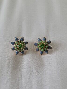 J Crew Gold-Tone Floral Stud Earrings with Green and Blue Stones